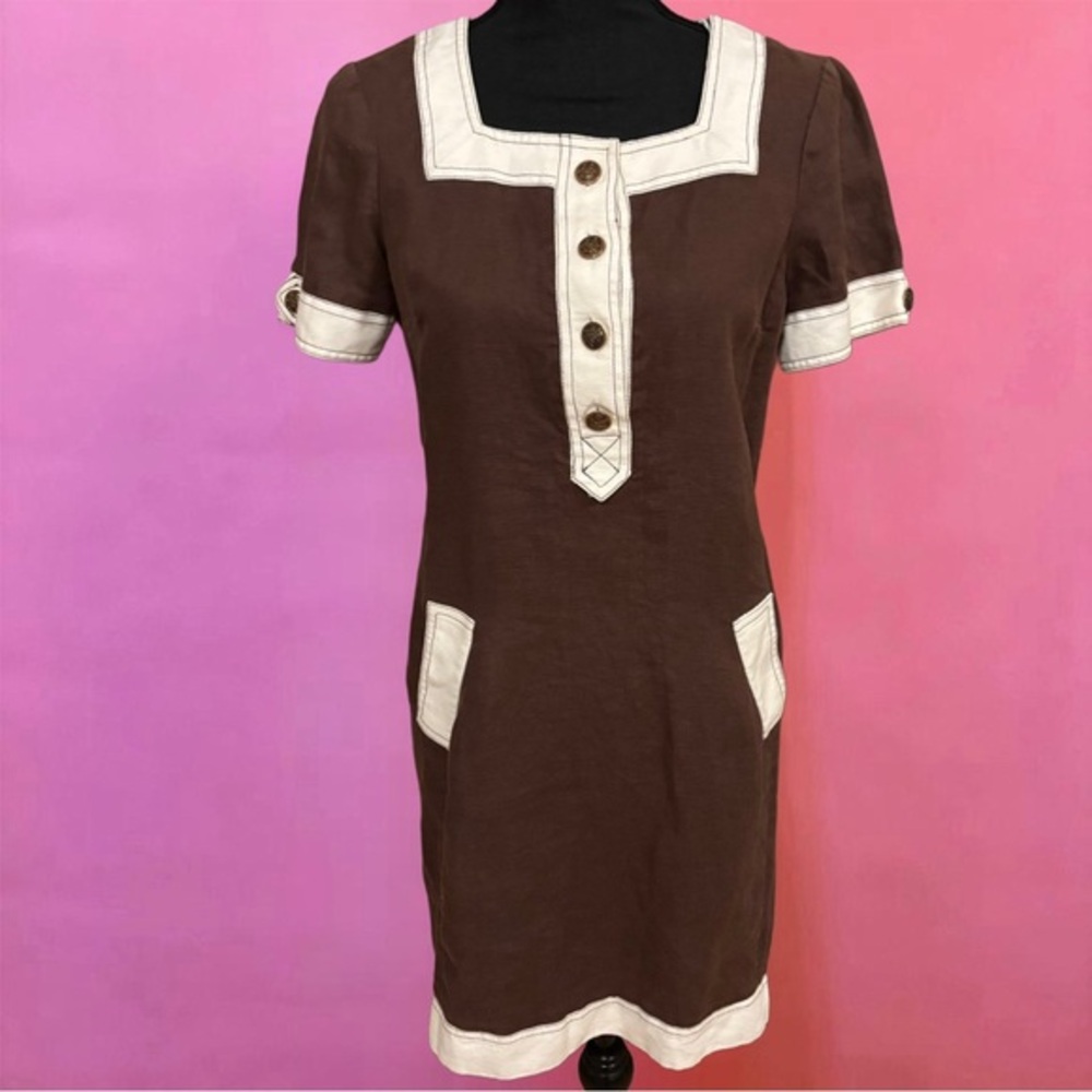 90s / 2000s Y2K Brown & White Linen Boho Granola Square Neck Shift Dress Medium